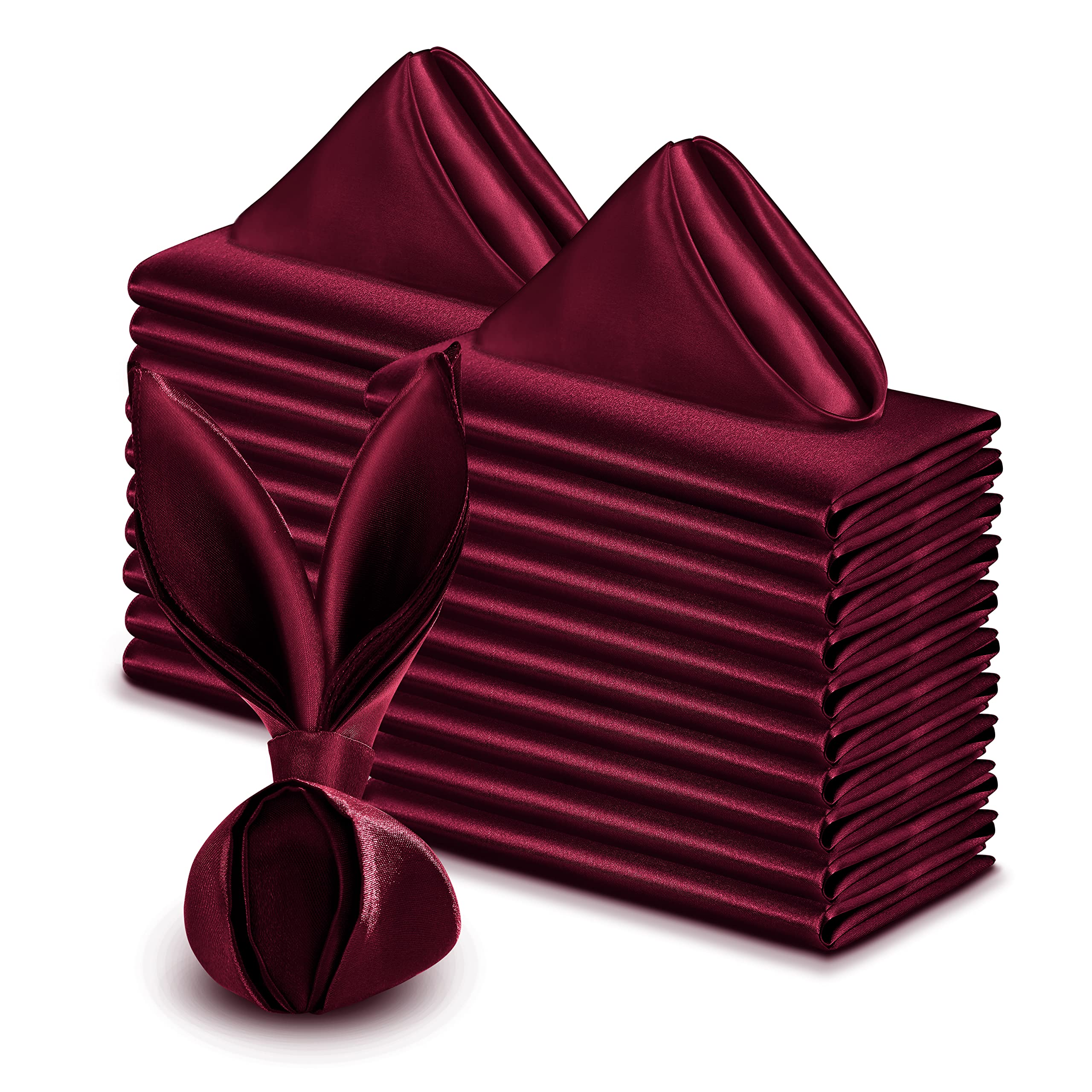 VACVELT Burgundy satin napkins folded elegantly for wedding reception tables.