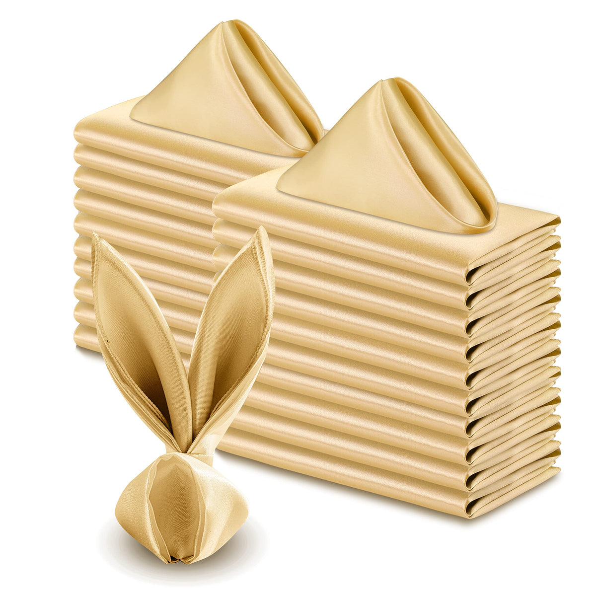 VACVELT gold satin napkins neatly folded for formal banquets.