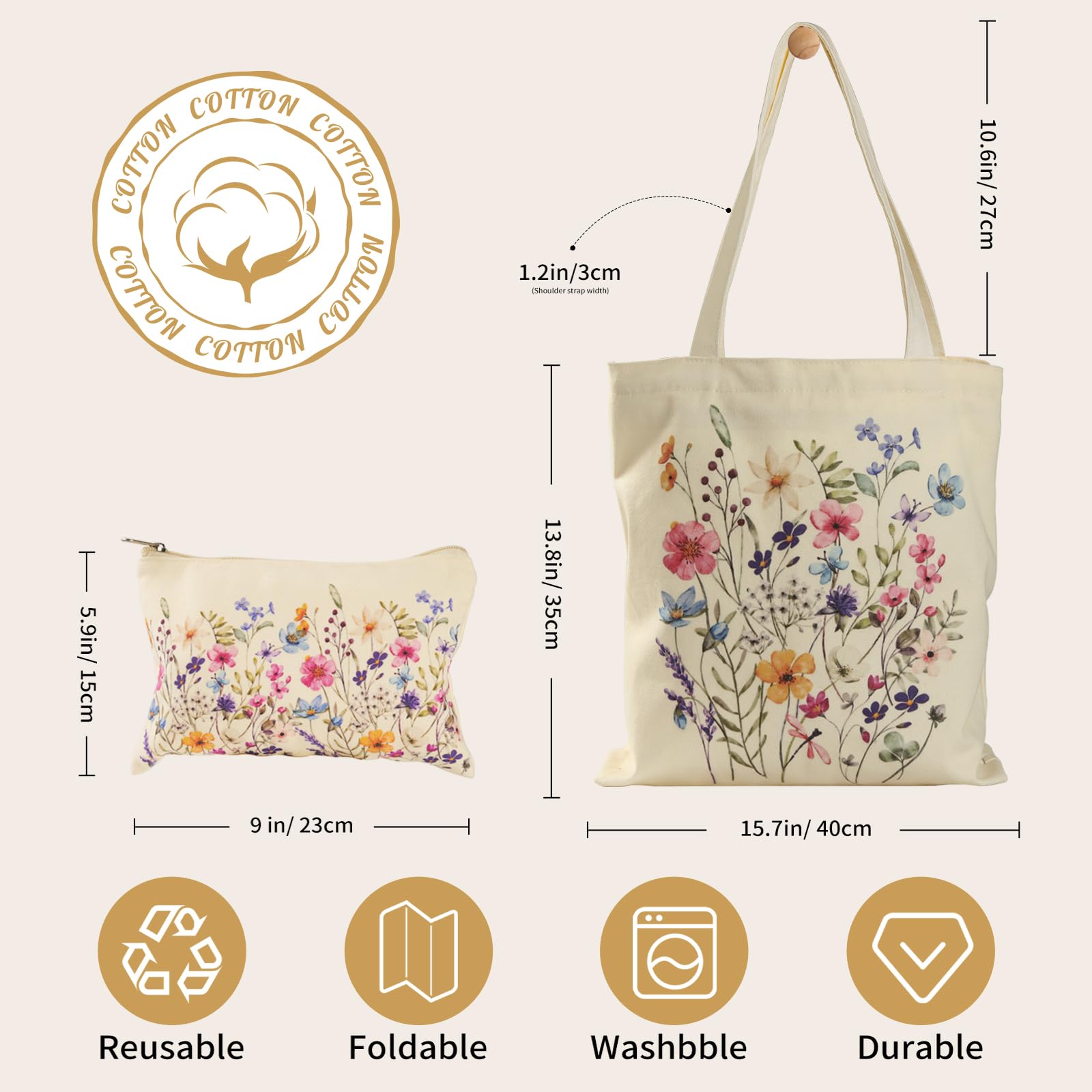 VADOO Canvas Tote Bag attached pouch stores cosmetics on the go