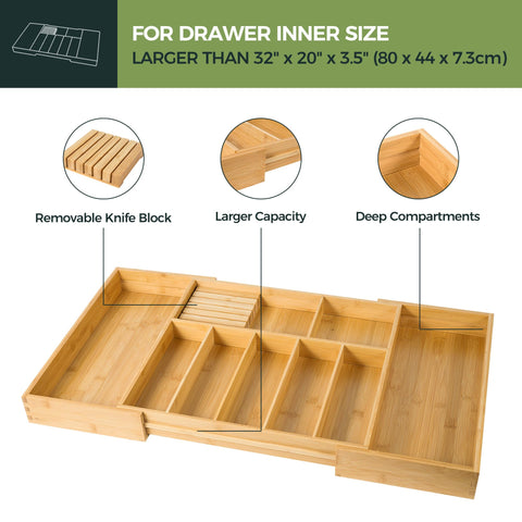 VaeFae bamboo silverware drawer highlights natural material while organizing utensils.