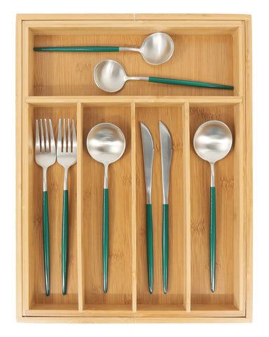 VaeFae silverware drawer organizer with dividers keeps utensils neatly separated.
