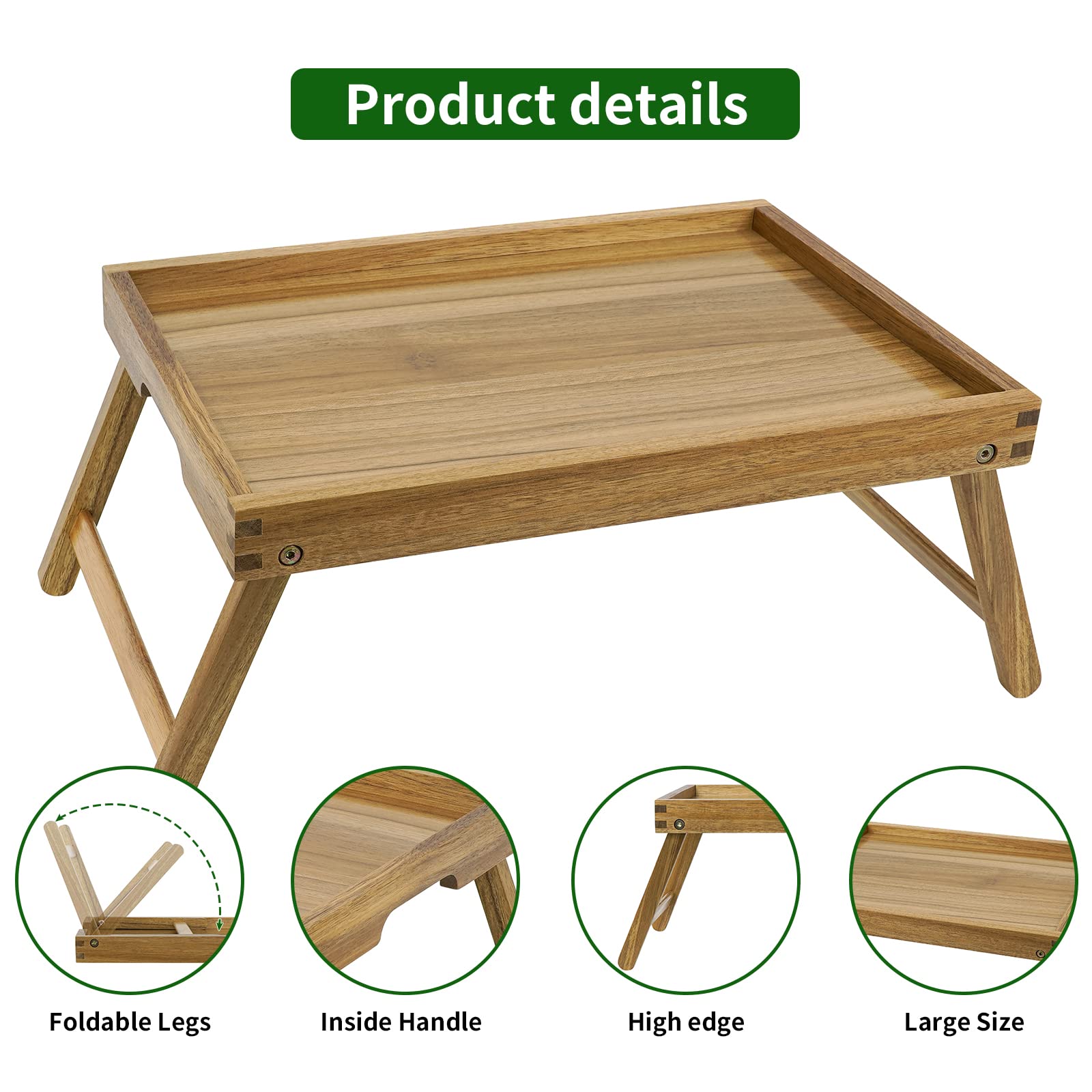 VaeFae Acacia bed tray showing fine wood texture and durability.