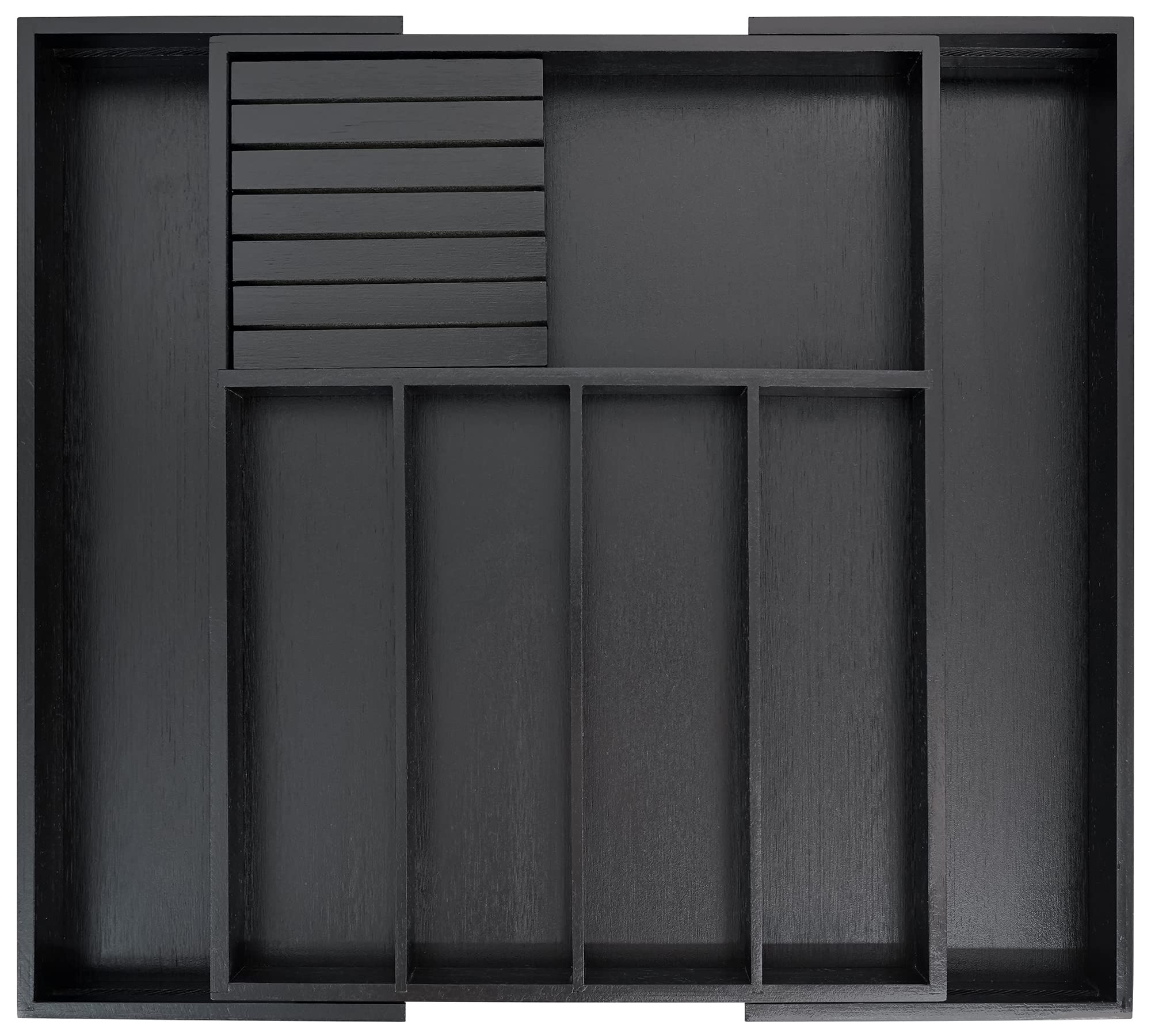 VaeFae bamboo silverware drawer organizer fully expanded to fit large drawers.
