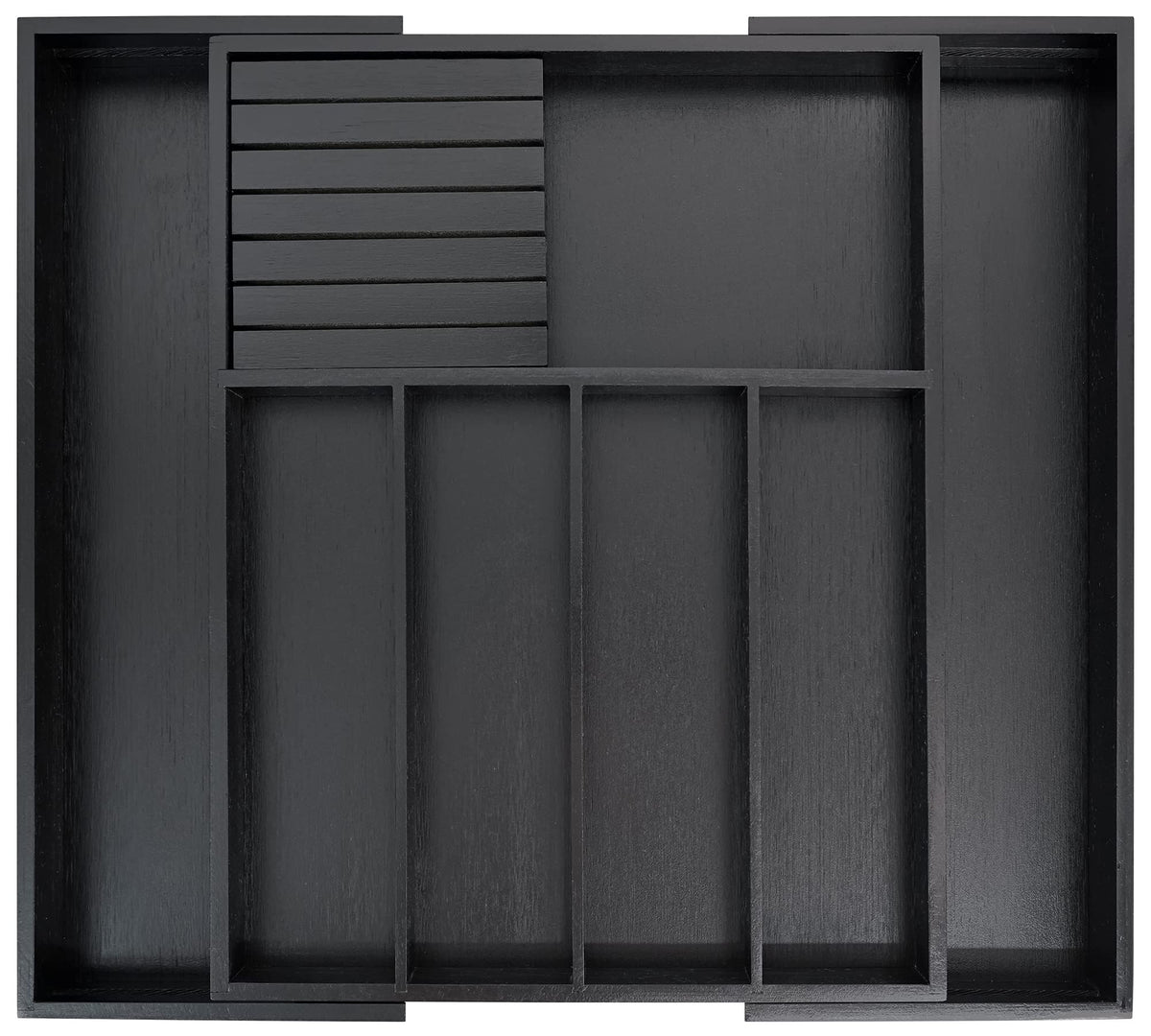 VaeFae bamboo silverware drawer organizer fully expanded to fit large drawers.