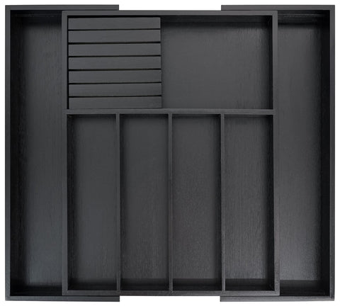 VaeFae bamboo silverware drawer organizer fully expanded to fit large drawers.