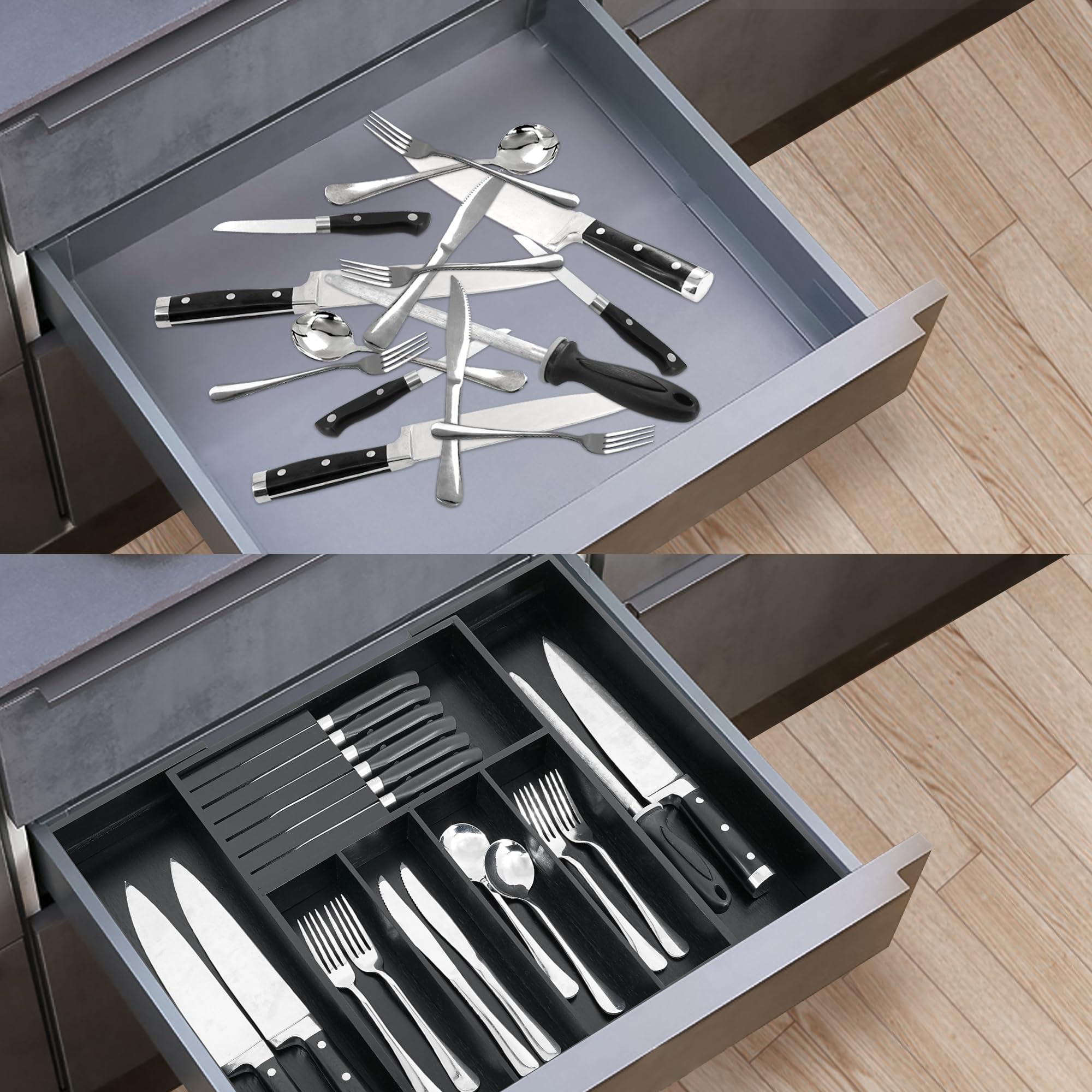VaeFae sleek black finish enhances any kitchen drawer.