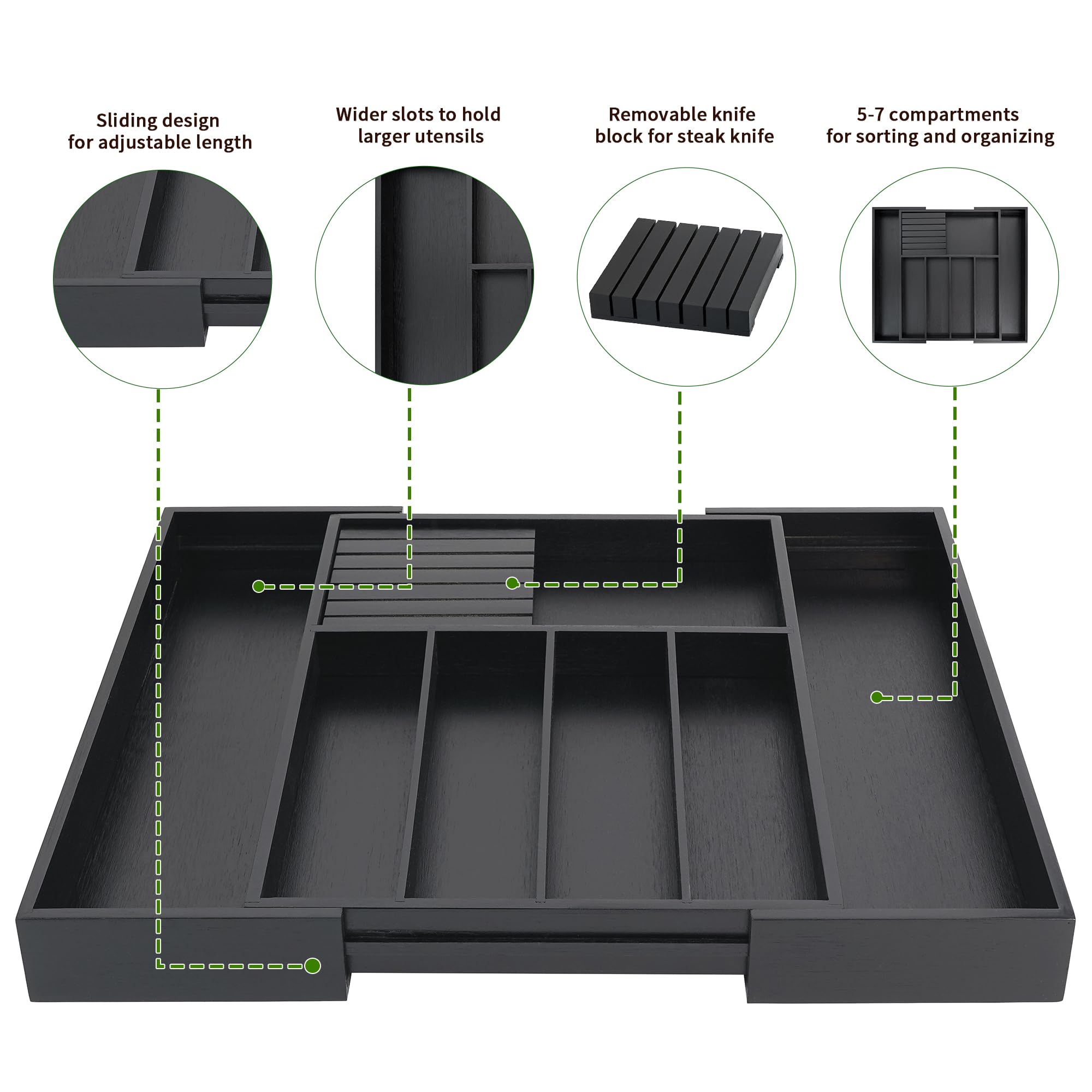 VaeFae expandable silverware tray adjusts between 12.6 and 21.65 inches.
