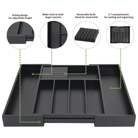VaeFae expandable silverware tray adjusts between 12.6 and 21.65 inches.