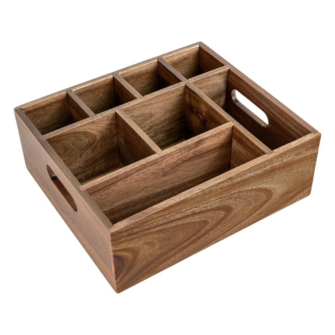 VaeFae Acacia wood caddy with 8 slots for organized utensils and napkins.