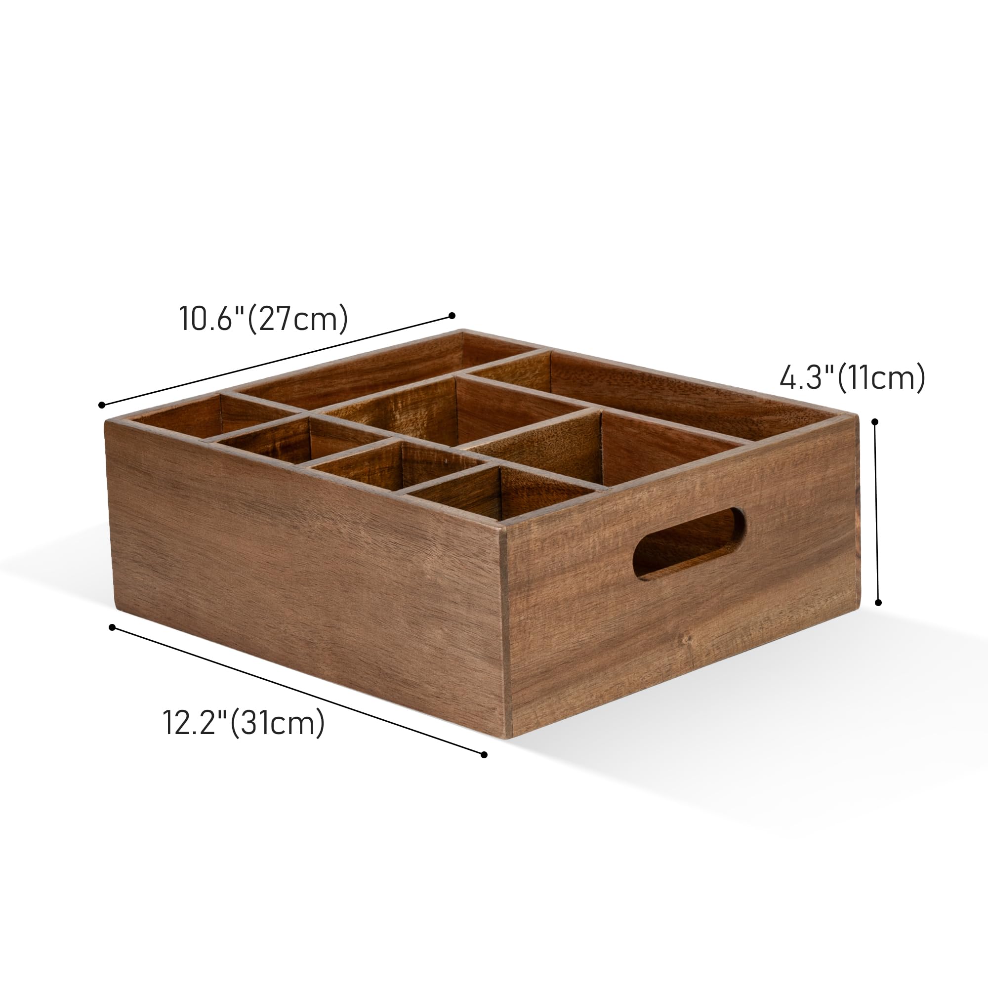 VaeFae Acacia wood caddy close-up showing durable grain and finish.