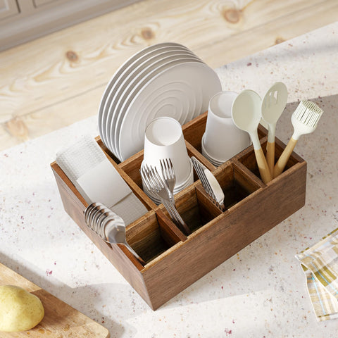 VaeFae Acacia wood caddy with two handles for easy transport.