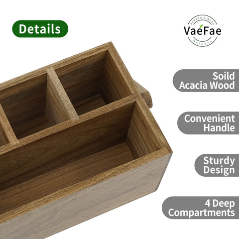 VaeFae acacia wood countertop storage with four large compartments.