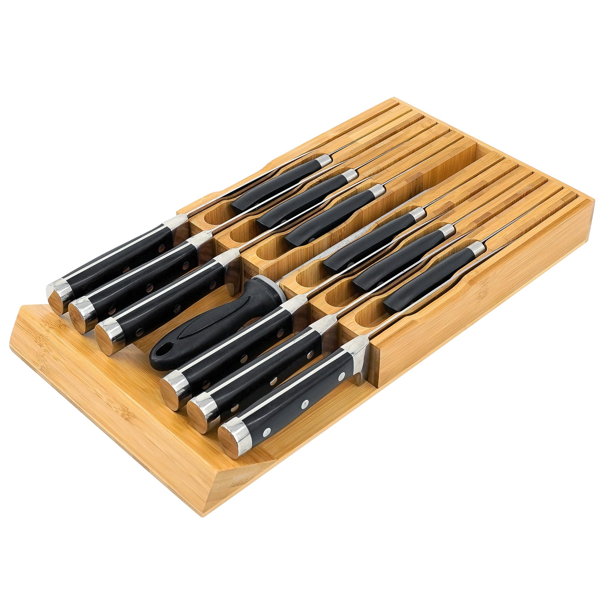VaeFae bamboo knife drawer organizer with 12 slots for organized blade storage
