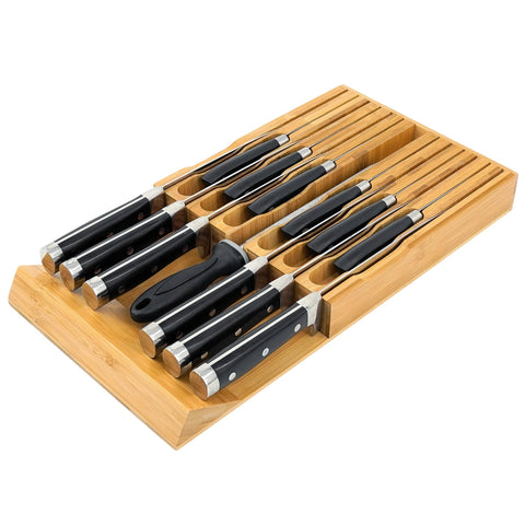 VaeFae bamboo knife drawer organizer with 12 slots for organized blade storage