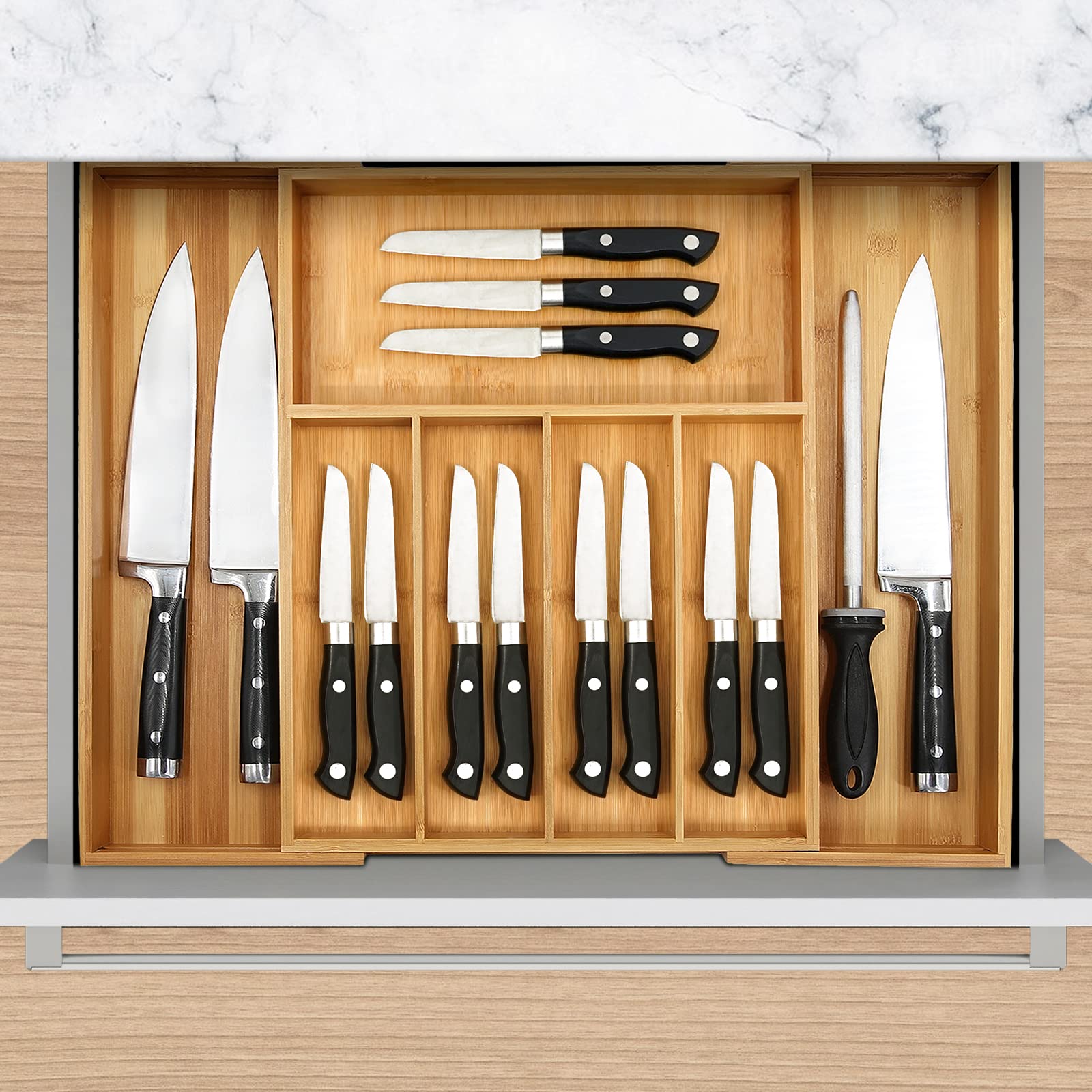 VaeFae Expandable Silverware Drawer Divider System with adjustable spacing.