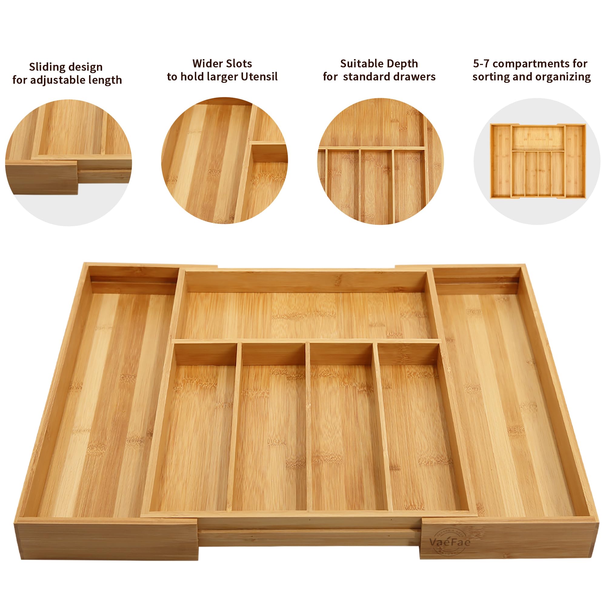 VaeFae Multi-Compartment Silverware Tray with generous sections for cutlery.