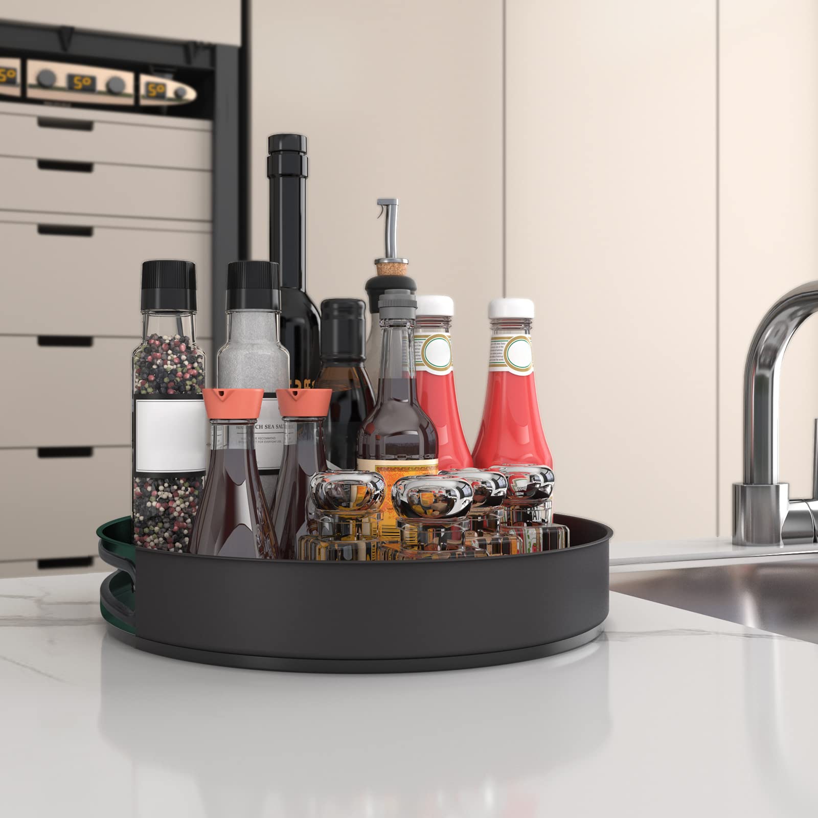 VAEHOLD Lazy Susan used in fridge for fruits and beverages within reach.