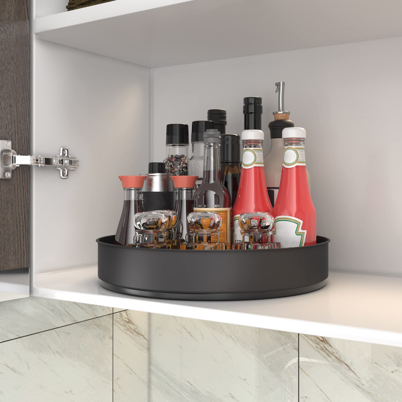 VAEHOLD Lazy Susan organized in a kitchen cabinet for space efficiency.