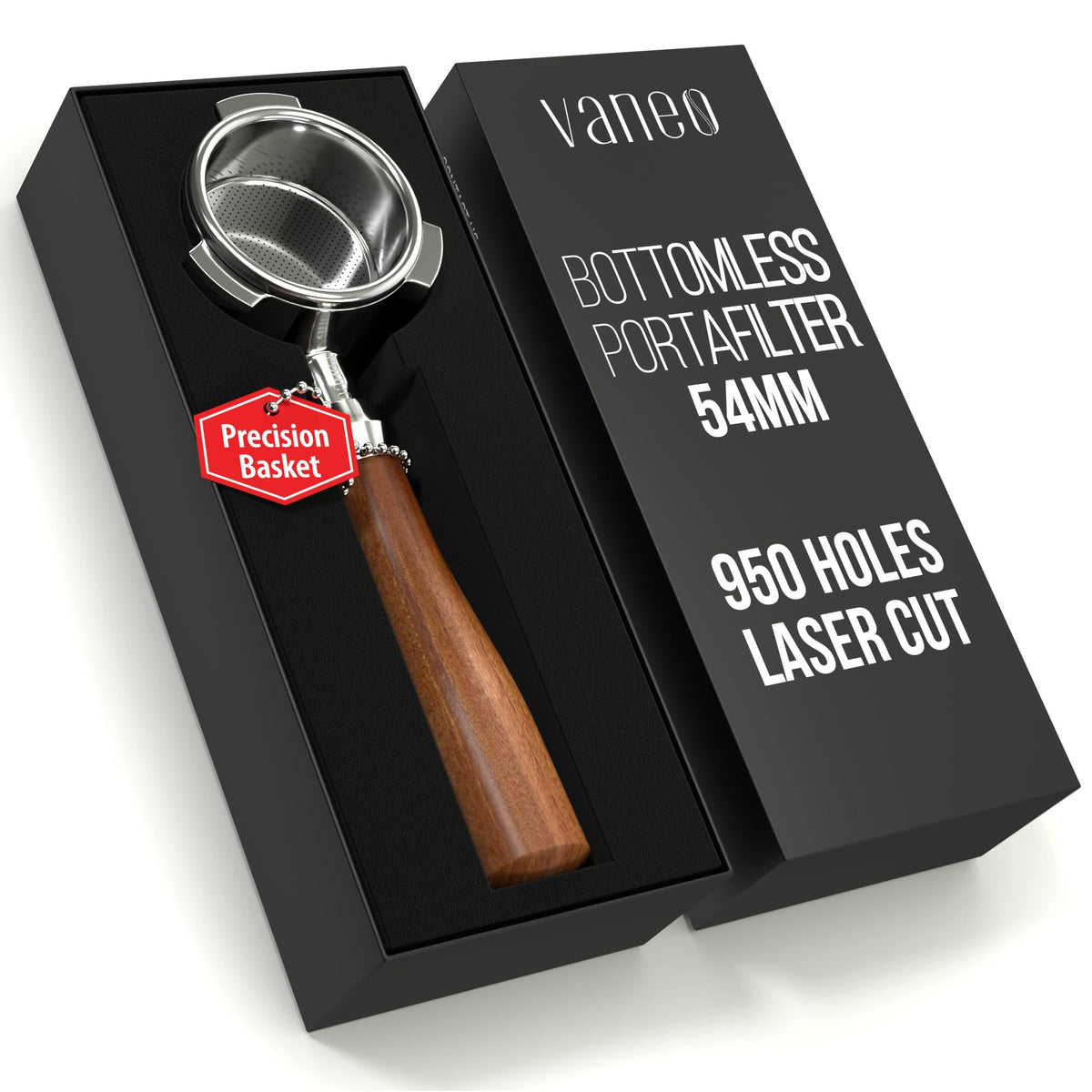 Vaneo 54mm bottomless portafilter assembly for precise, leak-free espresso extraction.