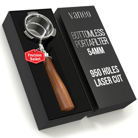Vaneo 54mm bottomless portafilter assembly for precise, leak-free espresso extraction.