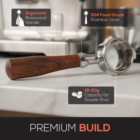 Breville-compatible bottomless fit ensures accurate alignment across Breville models.