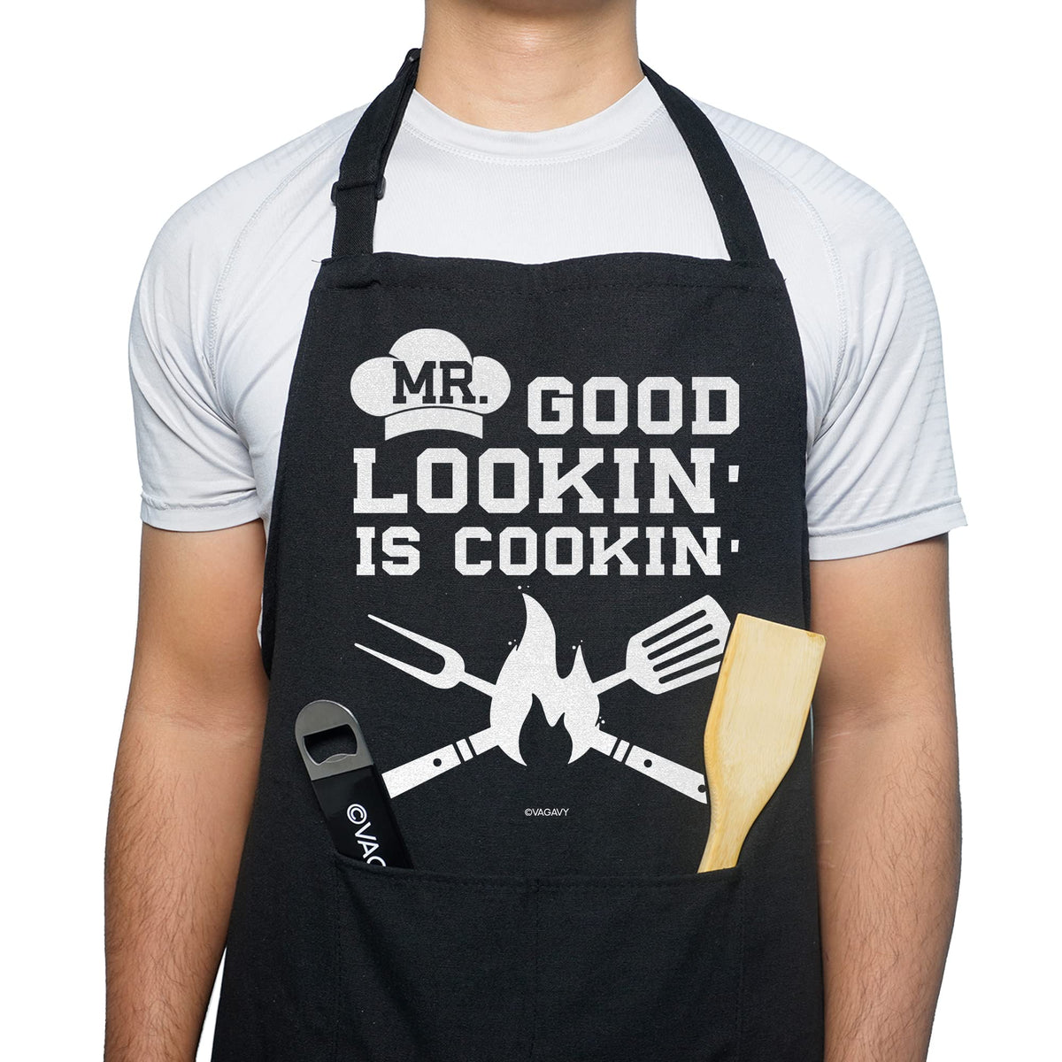VAGAVY 100 percent cotton black apron, front view, durable fabric