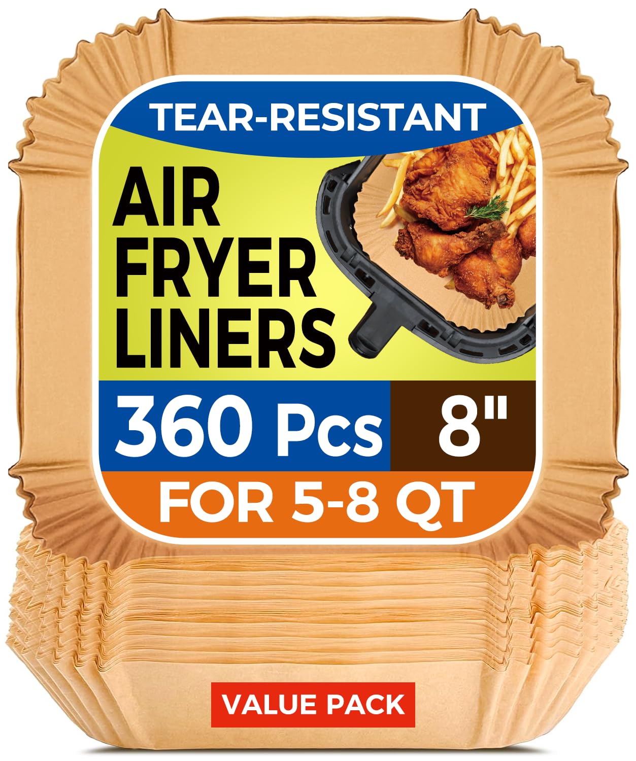 Vailnd 360-pack 8-inch square air fryer liners, easy batch cooking cleanup.