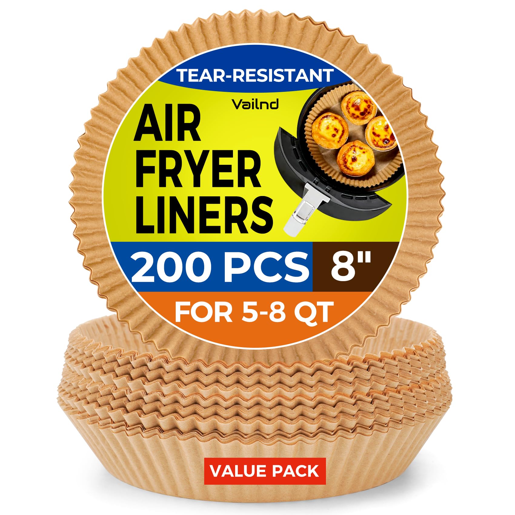 Vailnd 8-inch air fryer liners for Ninja fit, prevents sticking and mess.