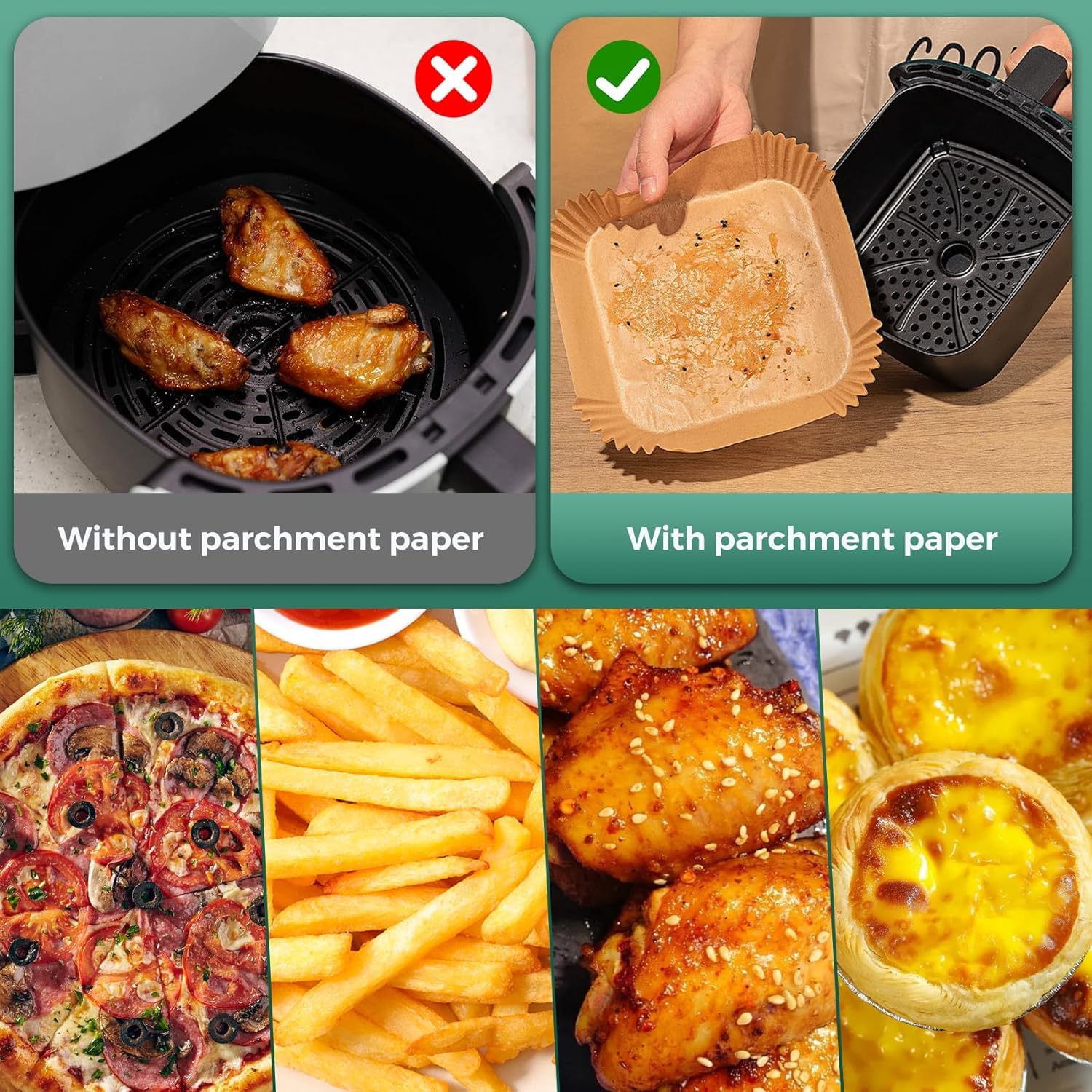 Vailnd 8-inch square air fryer liners fit most baskets.