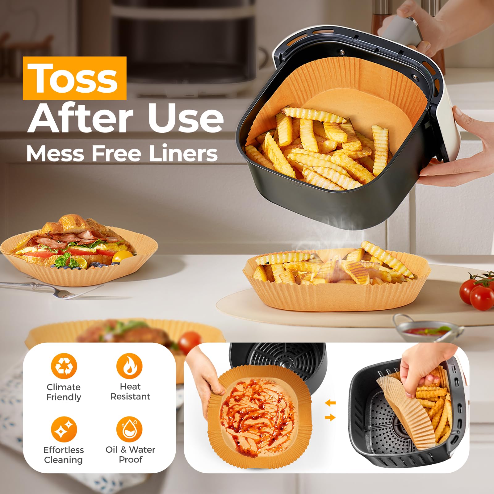 Vailnd air fryer liners 8in bottom width fit securely in baskets.