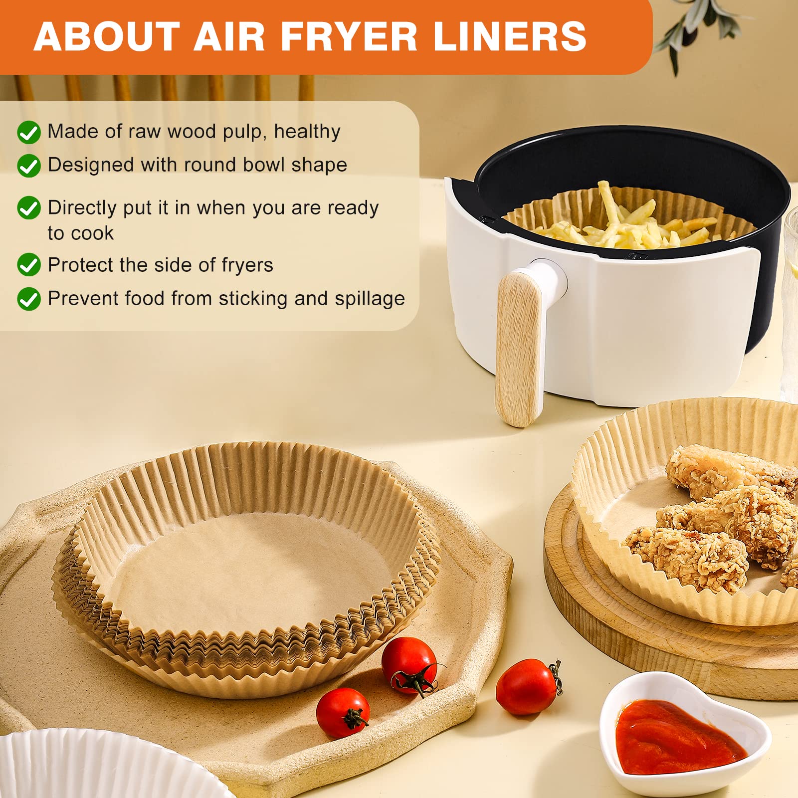 Vailnd heat-resistant parchment liner protects the air fryer interior.