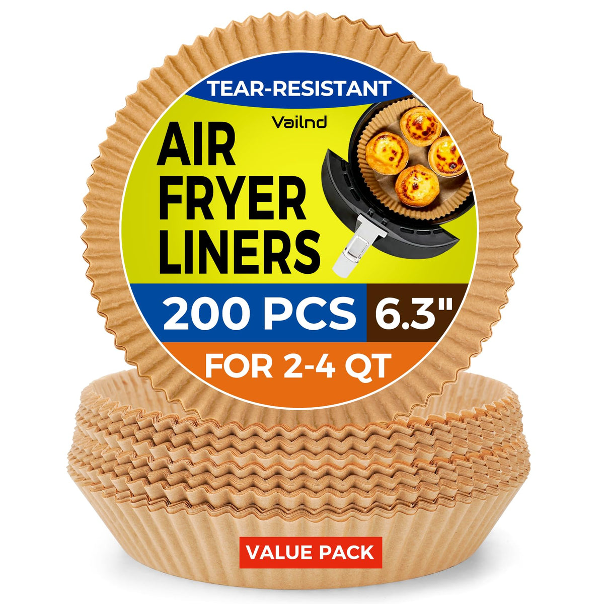 Vailnd 200-pack round air fryer liners for easy cleanup.