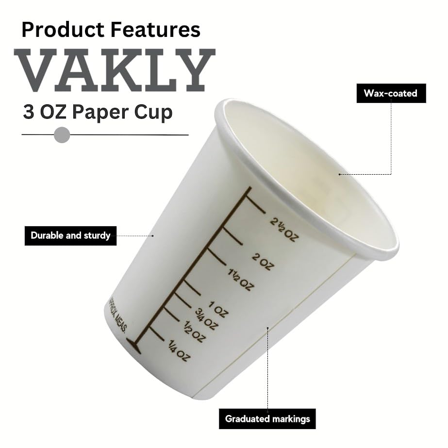 Vakly 3 oz graduated cups display precise capacity and clear scales.