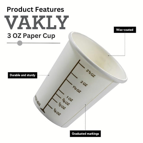 Vakly 3 oz graduated cups display precise capacity and clear scales.
