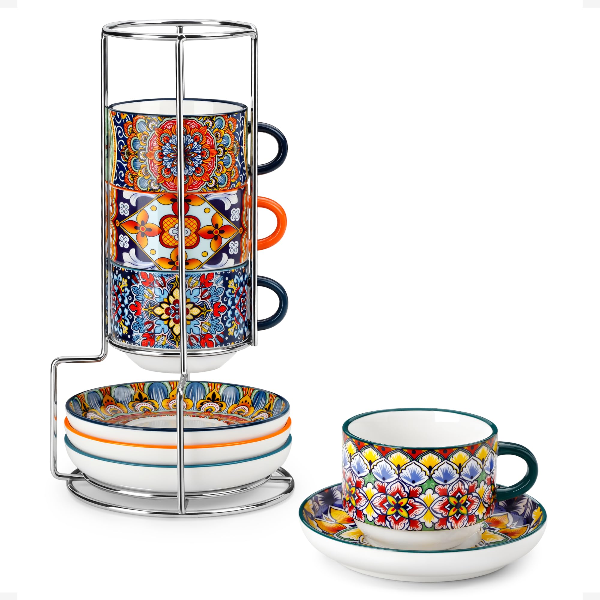 Vancasso 8 oz espresso cup with saucer on stackable stand for organized storage
