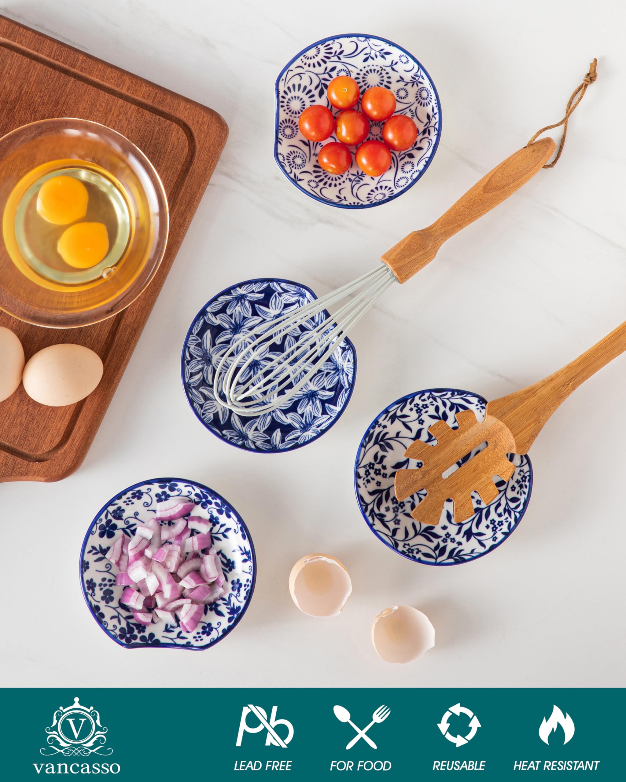 Vancasso blue white floral design elevates kitchen decor while resting spoons