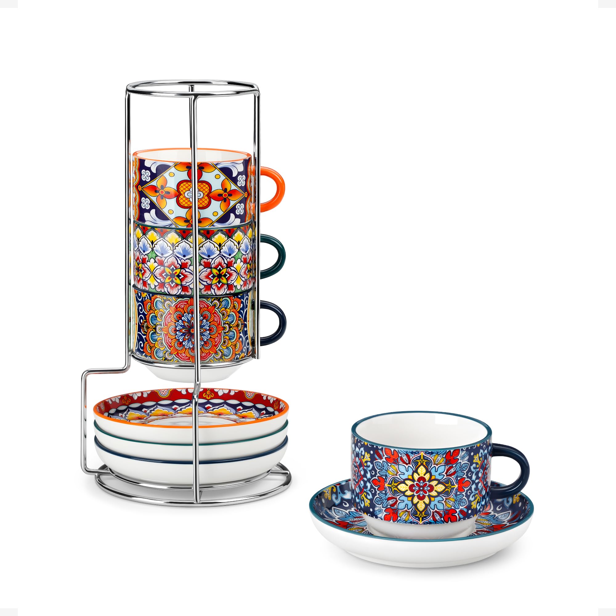 Vancasso bohemian espresso cups with saucers on a metal stand create a stylish display