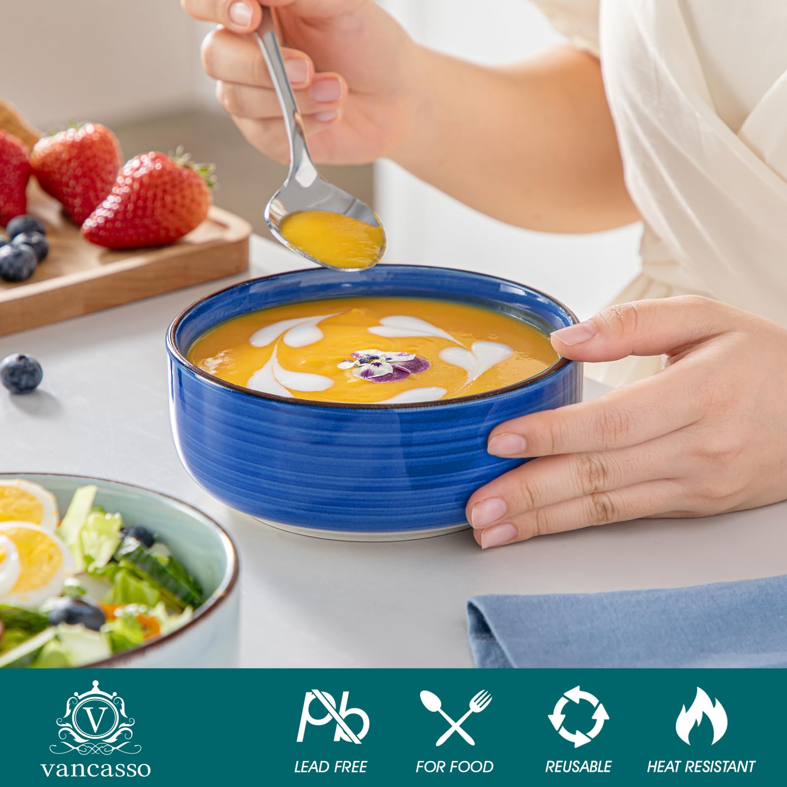Vancasso Bonita brown eyelash trim enhances soup presentation.