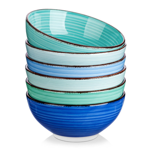 Vancasso Bonita ceramic bowls set, top view shows blue glaze and rim pattern, ideal for stylish dining