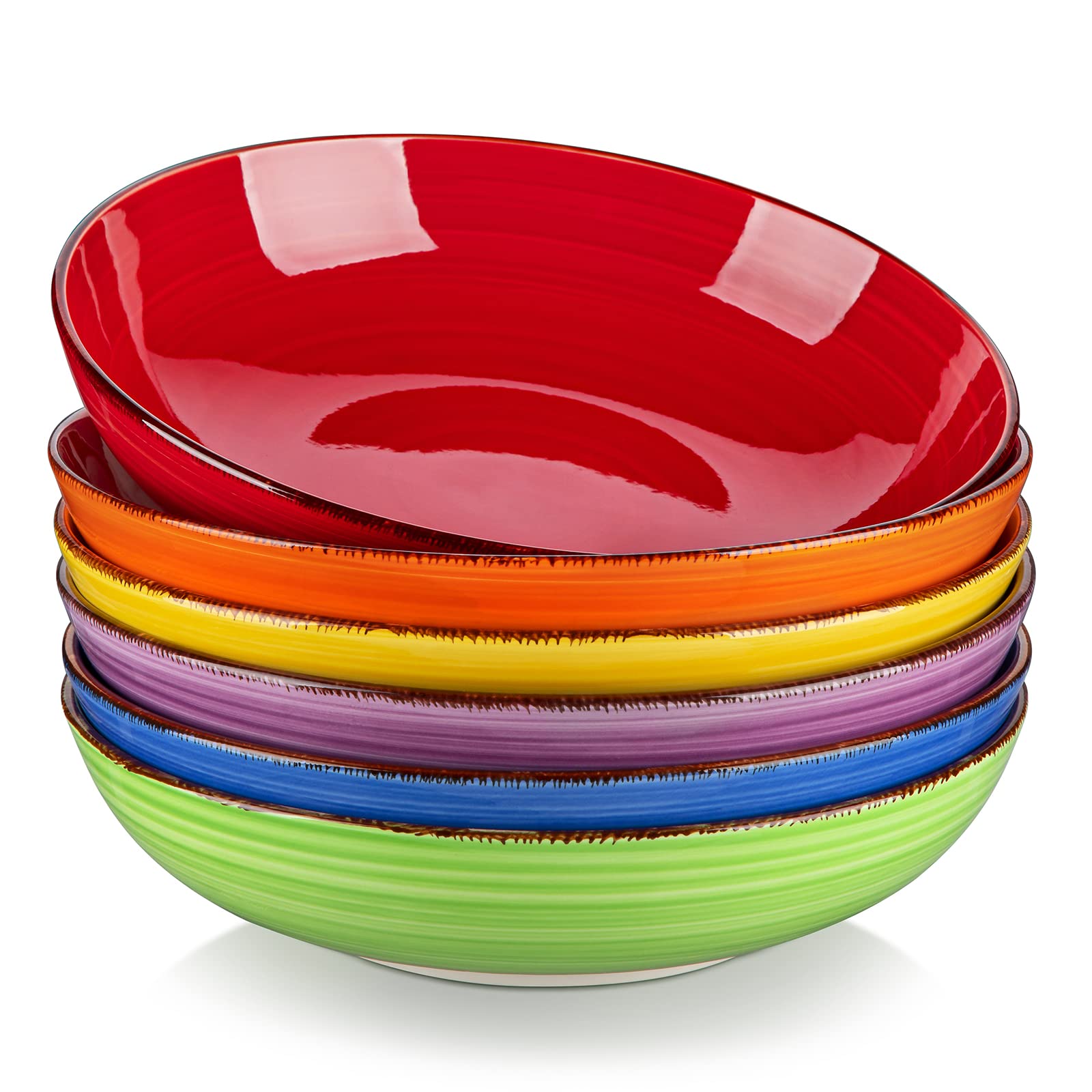 Vancasso Bonita set of 6 pasta bowls, close-up, vibrant glaze enhances presentation.