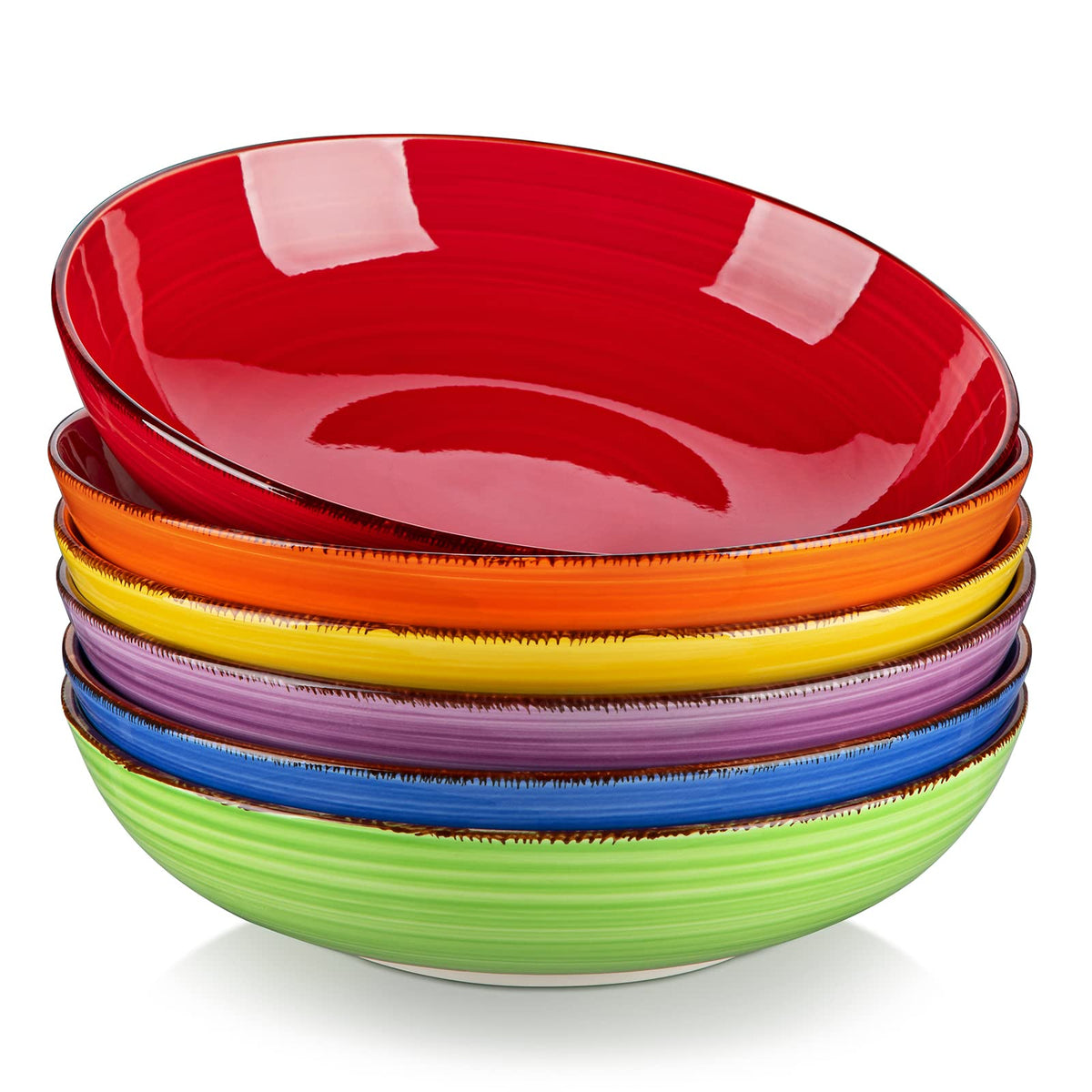 Vancasso Bonita set of 6 pasta bowls, close-up, vibrant glaze enhances presentation.