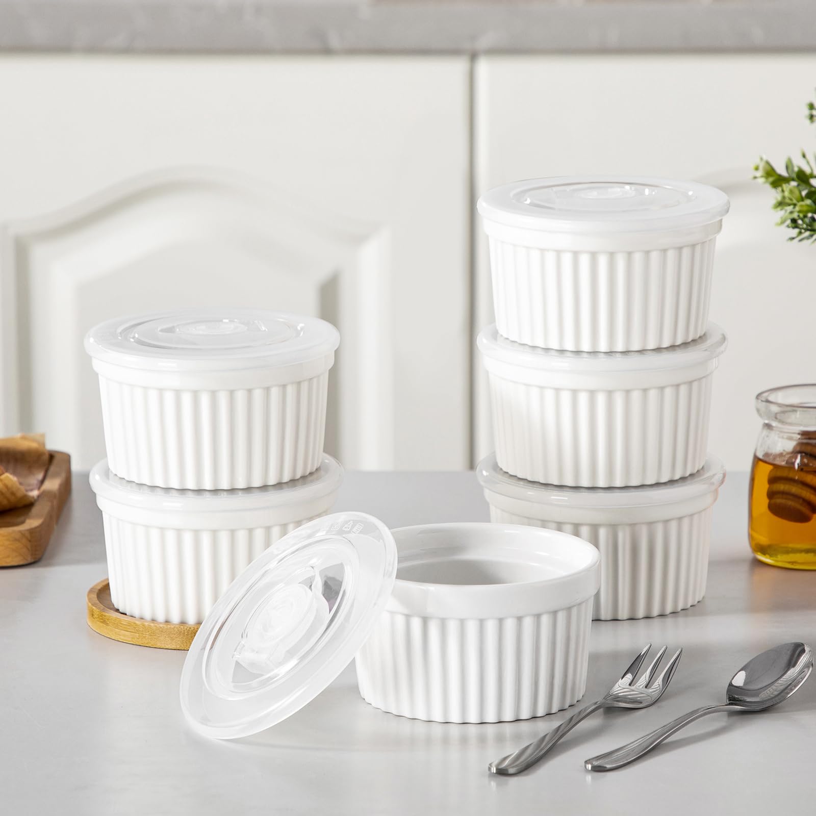 Dishwasher-safe porcelain ramekins simplify cleanup.