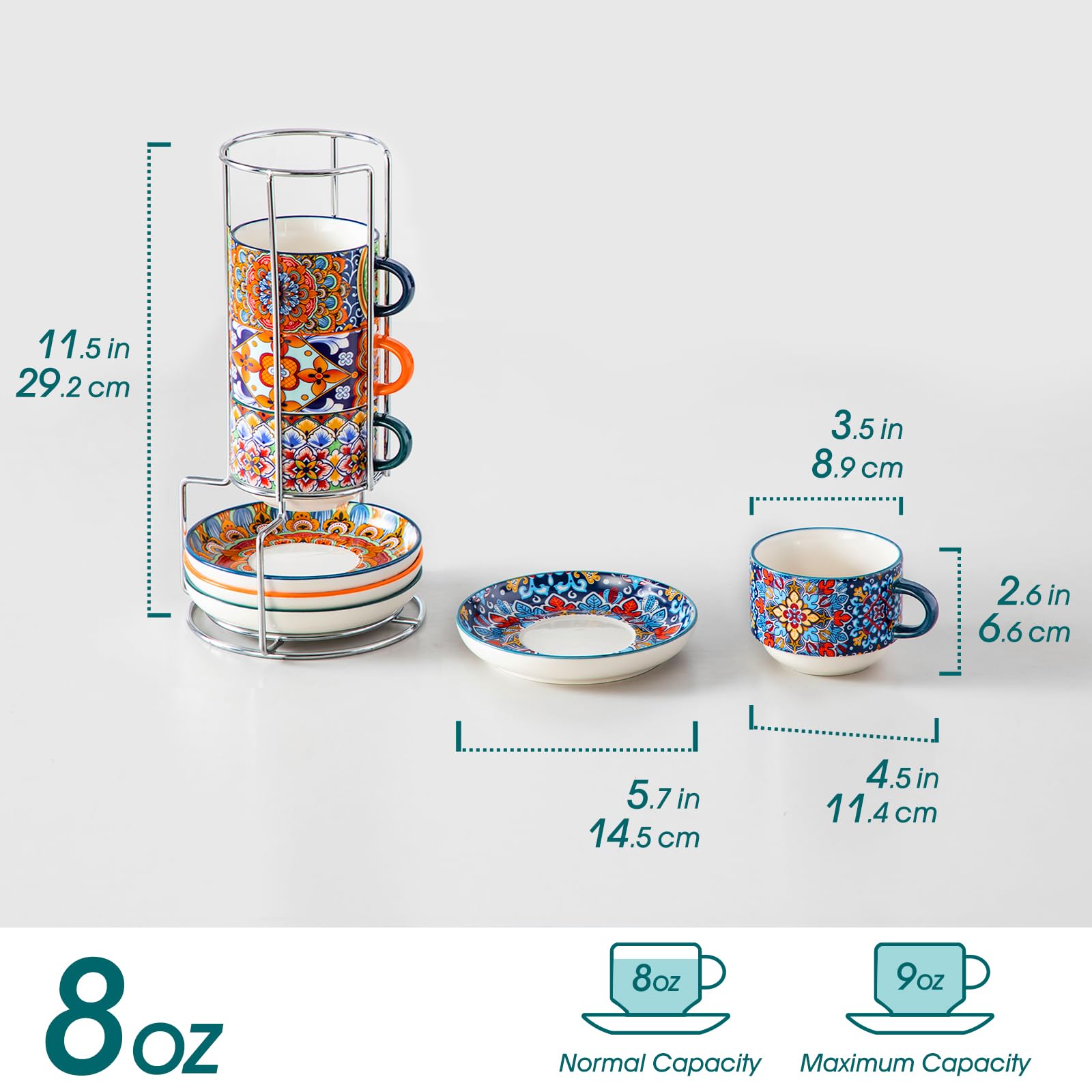 Vancasso metal stand holding four colorful cups neatly displayed