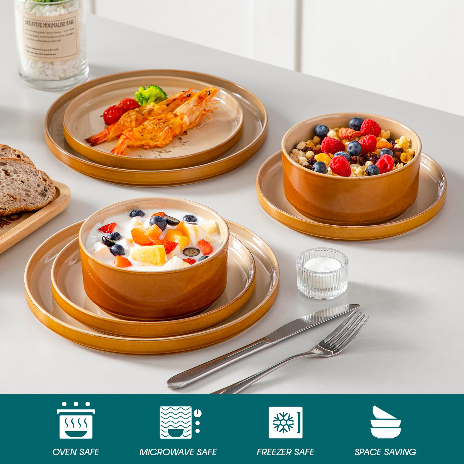 Vancasso Onion warm caramel glaze enhances cozy table styling.
