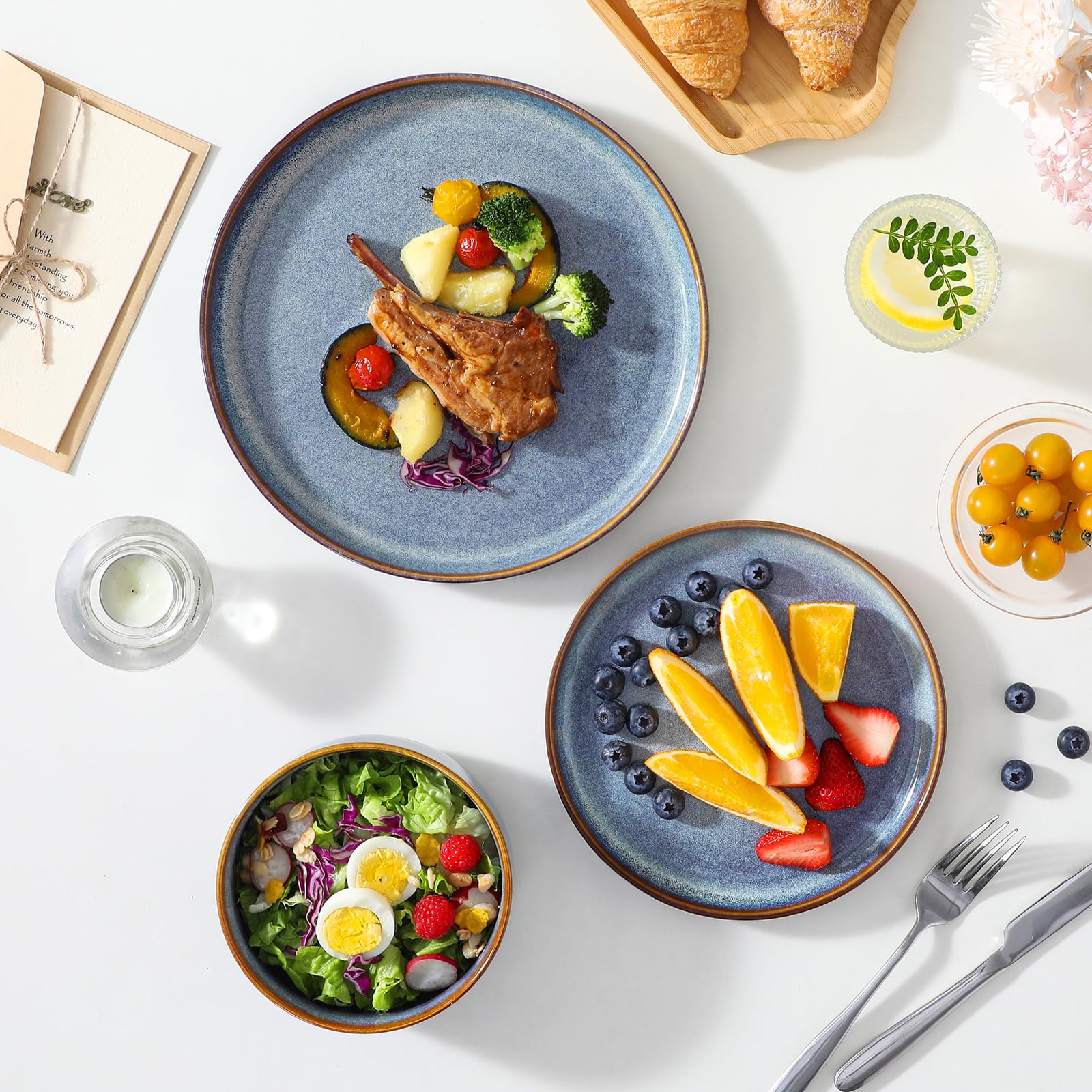 Vancasso Playa table setting demonstrates coordinated grey-blue dinnerware