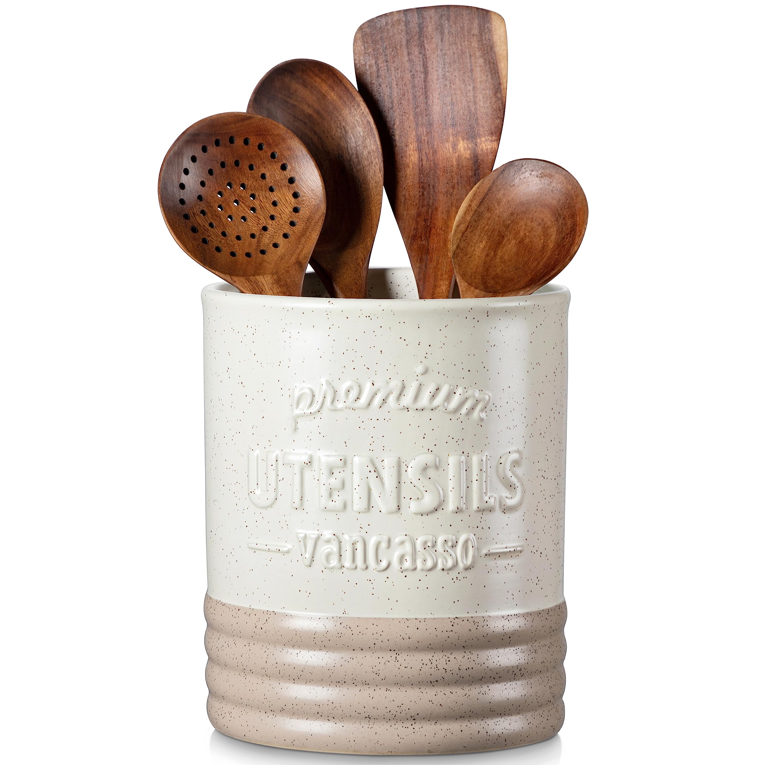 Vancasso Sabine utensil holder front view shows durable stoneware for organized counters