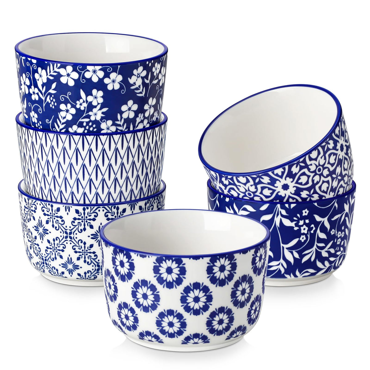 Vancasso Selene 6oz ramekins with blue floral glaze, ideal for dips and desserts.