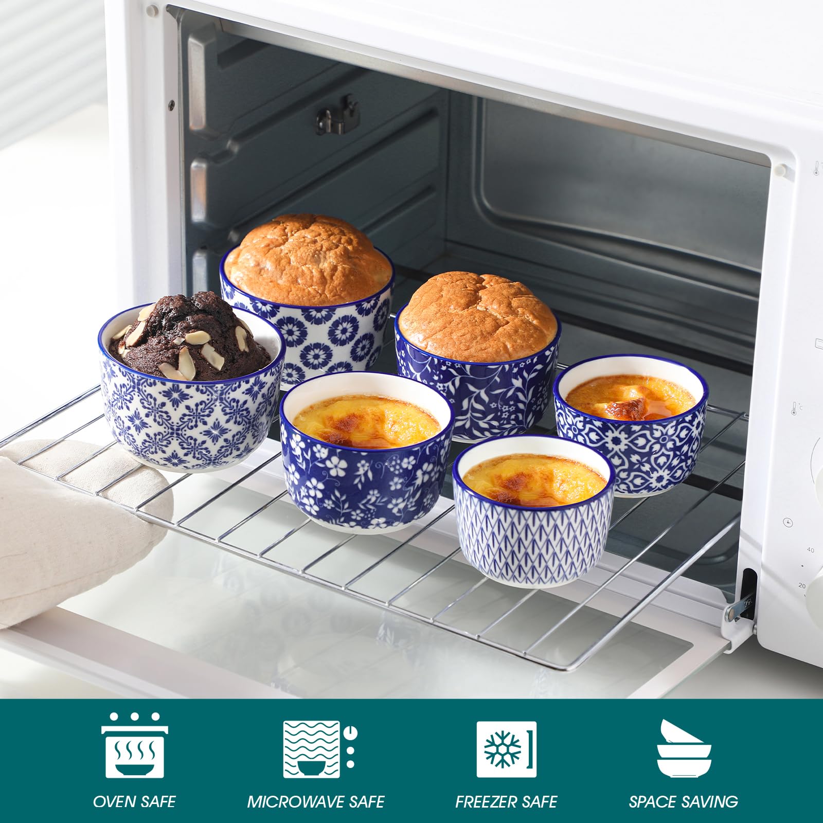 Dishwasher-safe glaze on Selene ramekins maintains bright color post-cleaning.