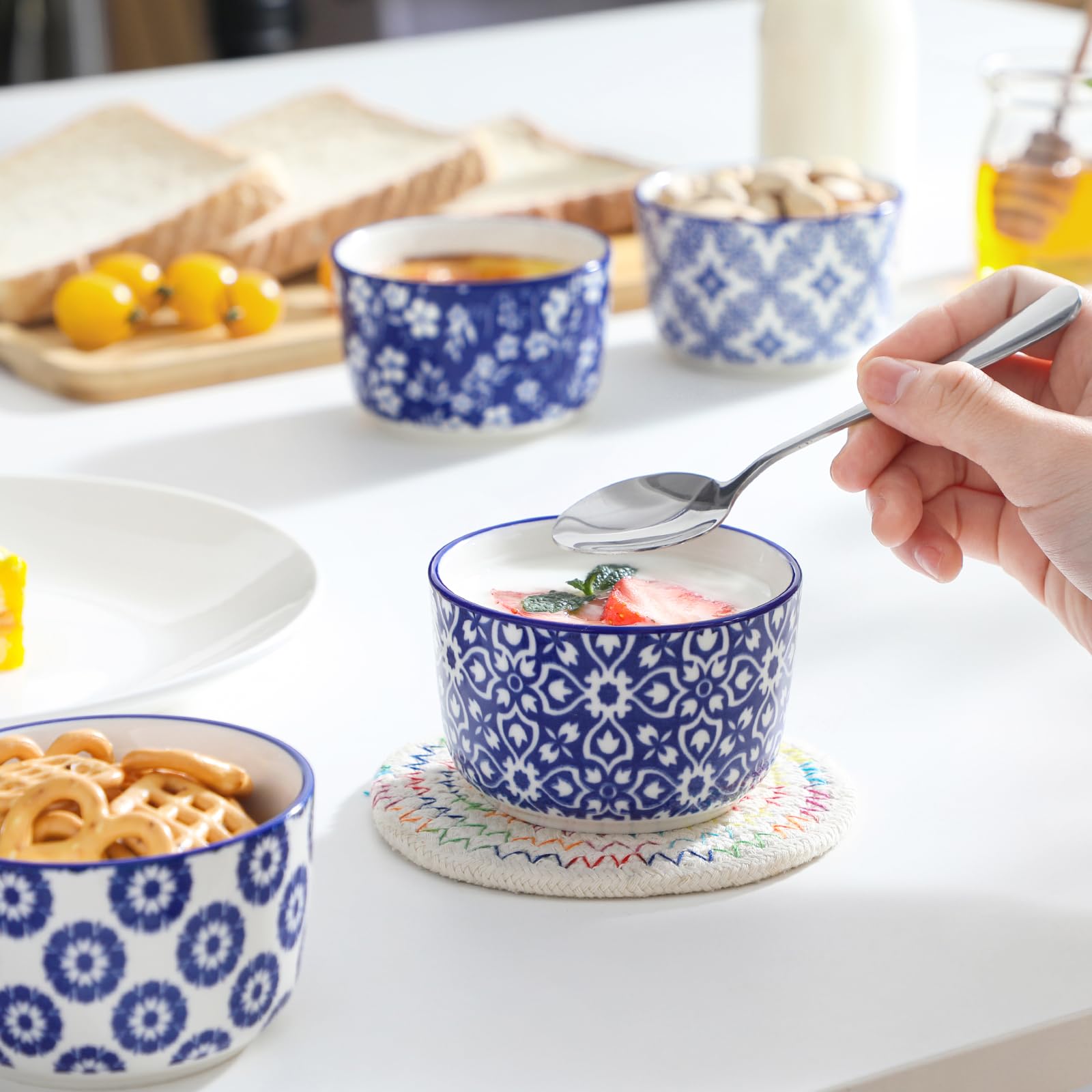 Compact 3.5-inch diameter Selene ramekins fit neatly in small kitchens or dorm fridges.