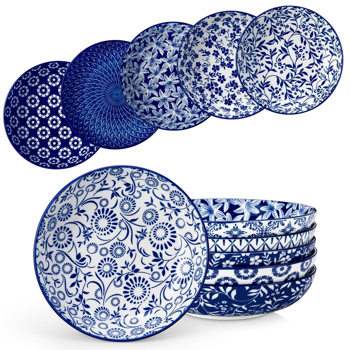 Vancasso Selene 8.5-inch blue-white floral bowls ideal for generous pasta servings.